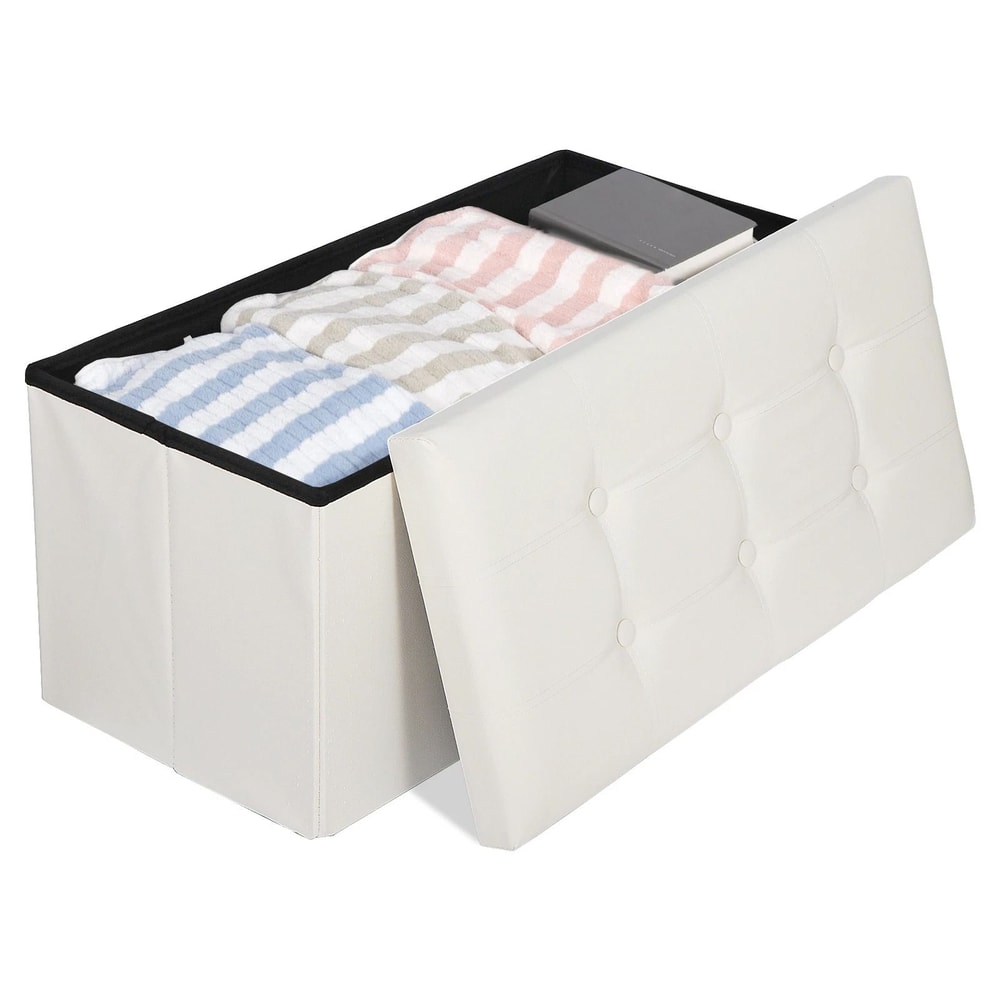 White Storage Bench Folding Storage Ottoman With Leather Cover Seat Practical Storage For Bedroom L 12