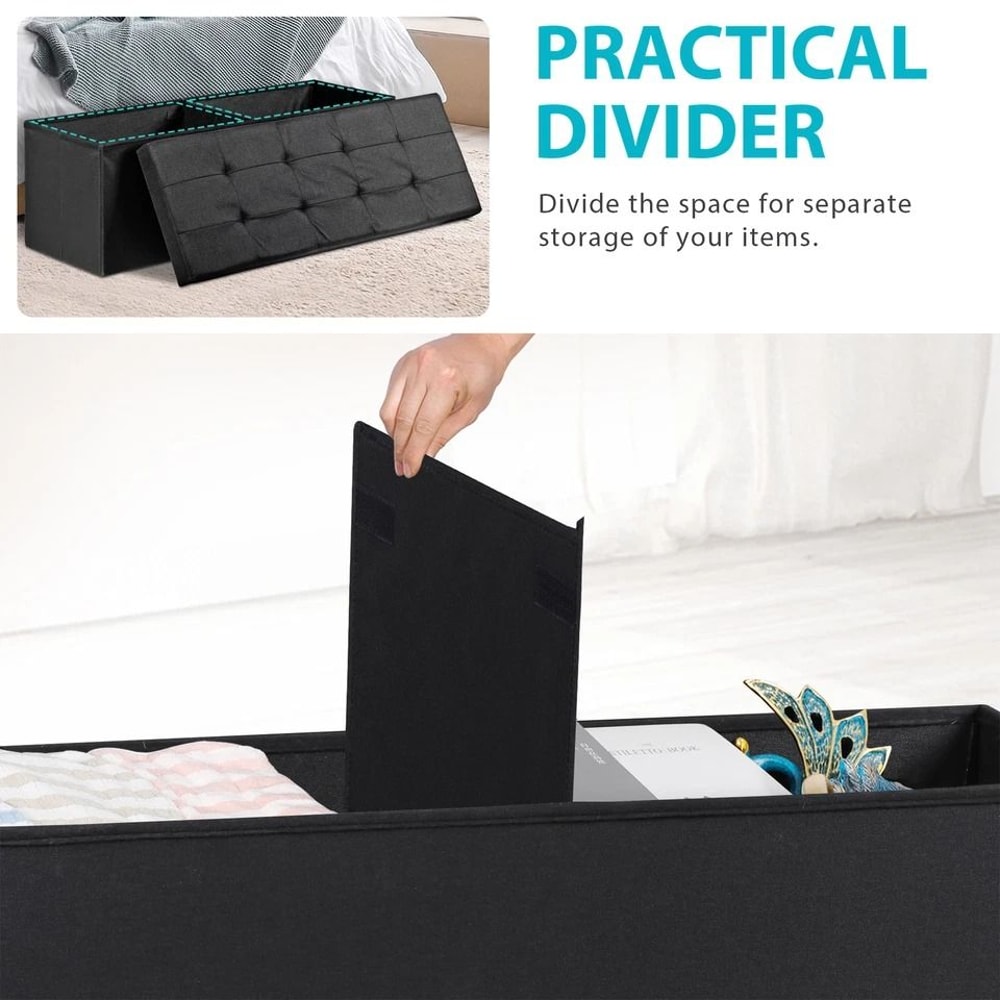 Black Folding Ottoman Bench Sturdy Foot Stool Cozy Storage Chest Collapsible Footrest For Home 4