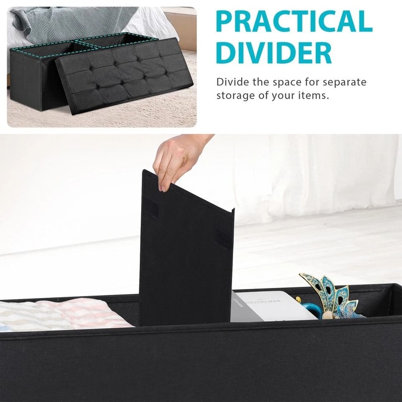 Black Folding Ottoman Bench Sturdy Foot Stool Cozy Storage Chest Collapsible Footrest For Home 4