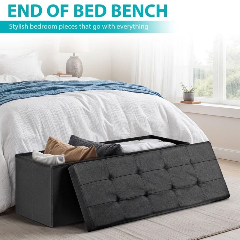 Black Folding Ottoman Bench Sturdy Foot Stool Cozy Storage Chest Collapsible Footrest For Home 5