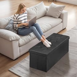 black folding ottoman bench, sturdy foot stool, cozy storage chest, collapsible footrest for home