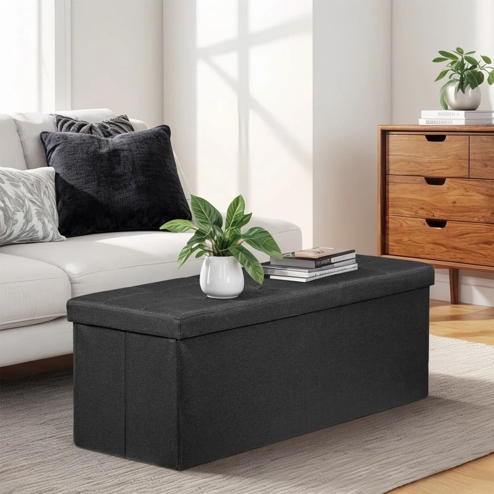 Black Folding Ottoman Bench Sturdy Foot Stool Cozy Storage Chest Collapsible Footrest For Home 7