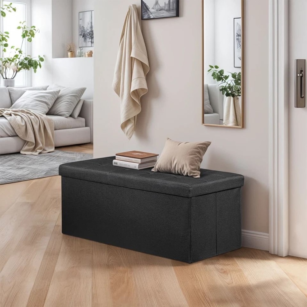 Black Folding Ottoman Bench Sturdy Foot Stool Cozy Storage Chest Collapsible Footrest For Home 8