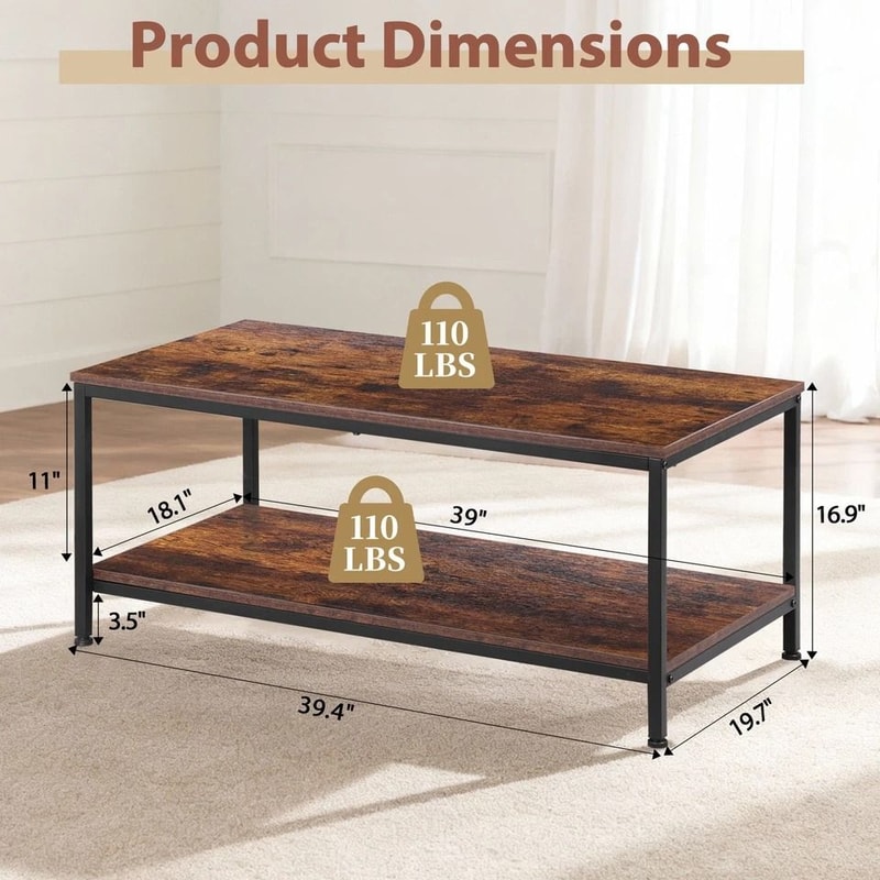Industrial Tier Coffee Table Rustic Brown With Storage Sturdy MDF And Metal Frame Office Table For 1