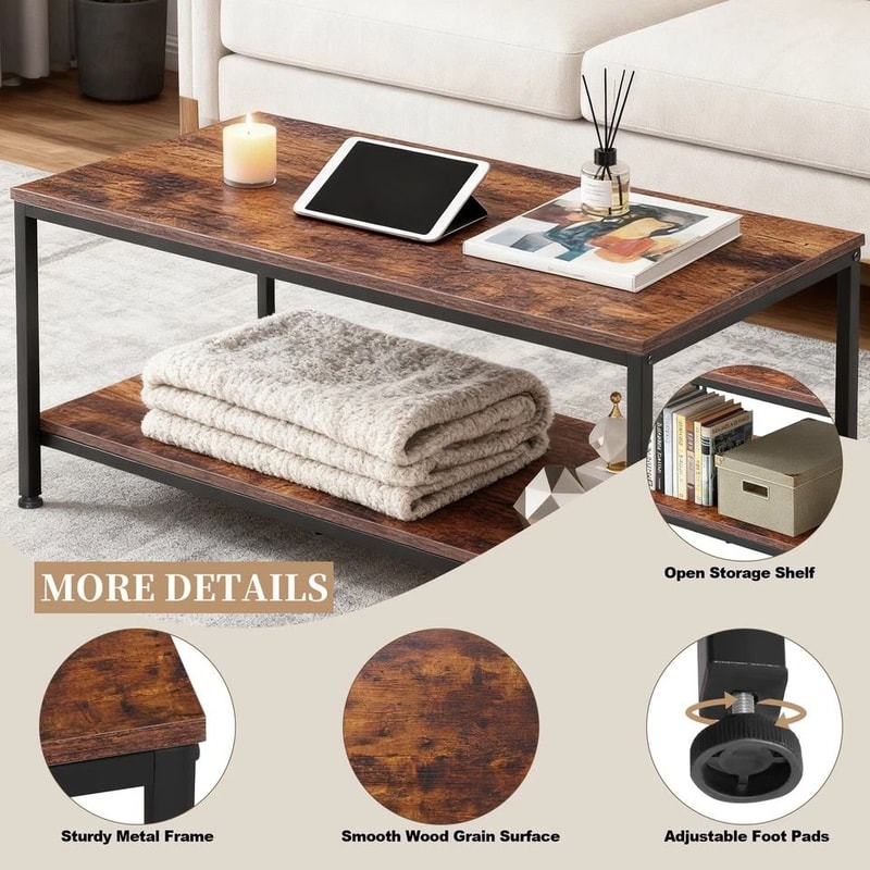 Industrial Tier Coffee Table Rustic Brown With Storage Sturdy MDF And Metal Frame Office Table For 2