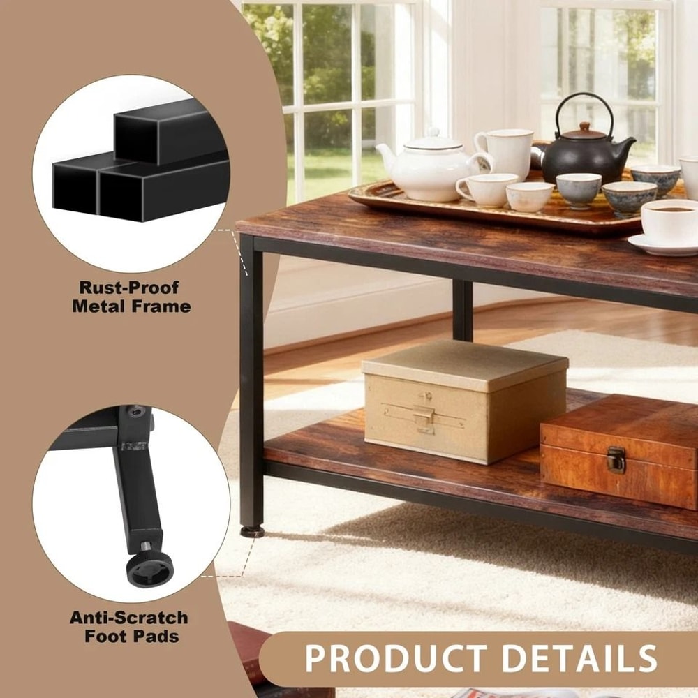 Industrial Tier Coffee Table Rustic Brown With Storage Sturdy MDF And Metal Frame Office Table For 3