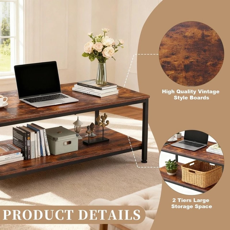 Industrial Tier Coffee Table Rustic Brown With Storage Sturdy MDF And Metal Frame Office Table For 4
