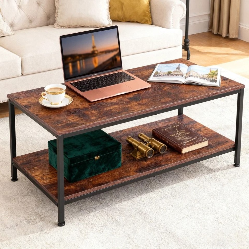 Industrial Tier Coffee Table Rustic Brown With Storage Sturdy MDF And Metal Frame Office Table For 6