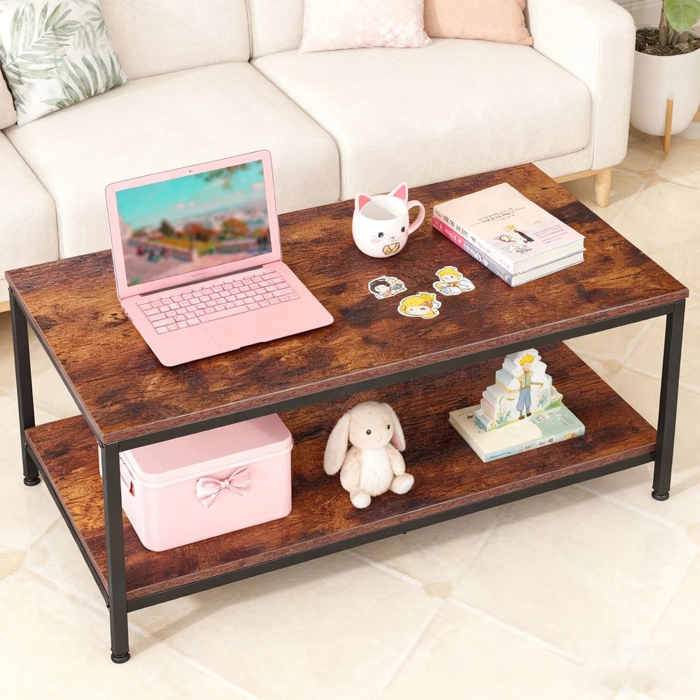 Industrial Tier Coffee Table Rustic Brown With Storage Sturdy MDF And Metal Frame Office Table For 8