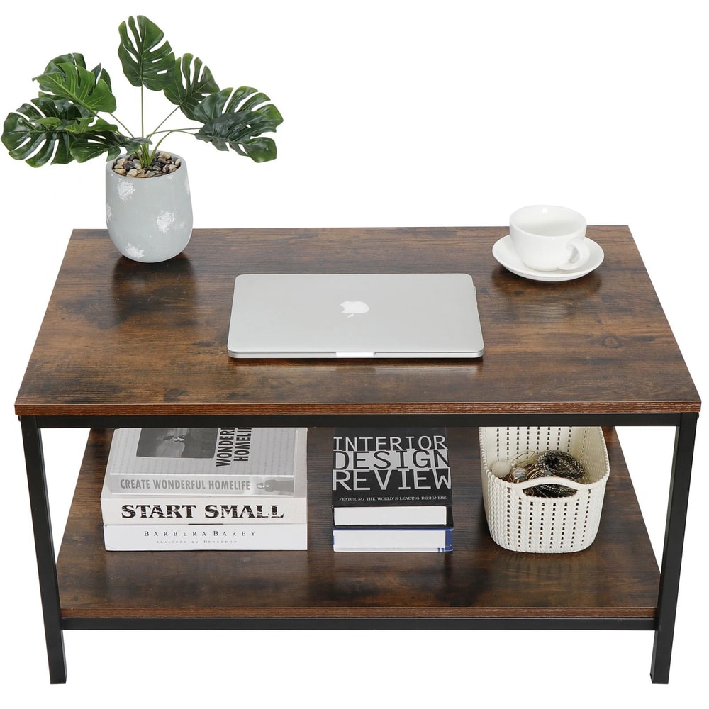 Vintage Rustic Wood Coffee Table With Strong Frame Living Room Coffee Table With Mesh Shelf Dining 7