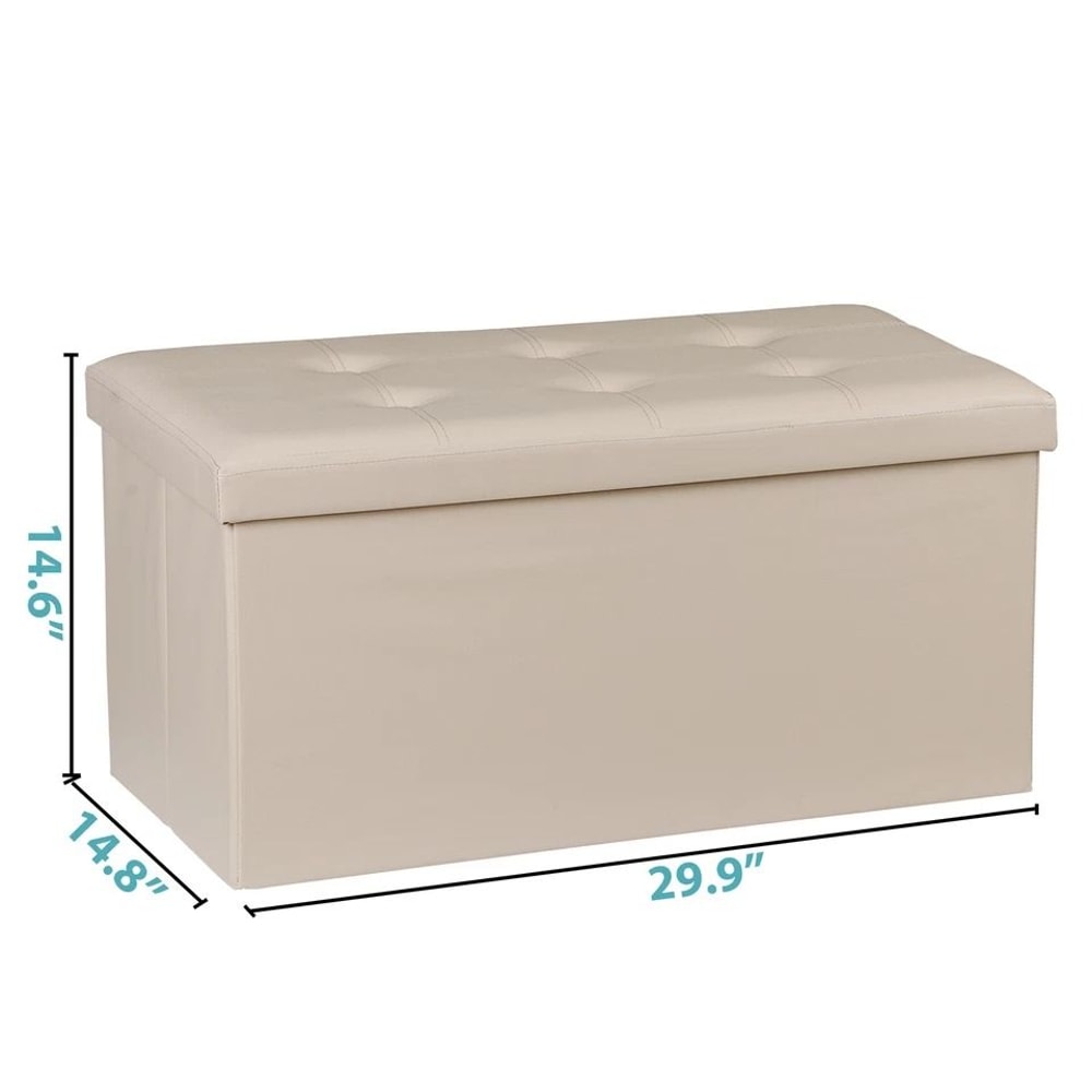 Beige Folding Storage Ottoman Leather Storage Bench For Bedroom Durable Seat Storage Solution 3