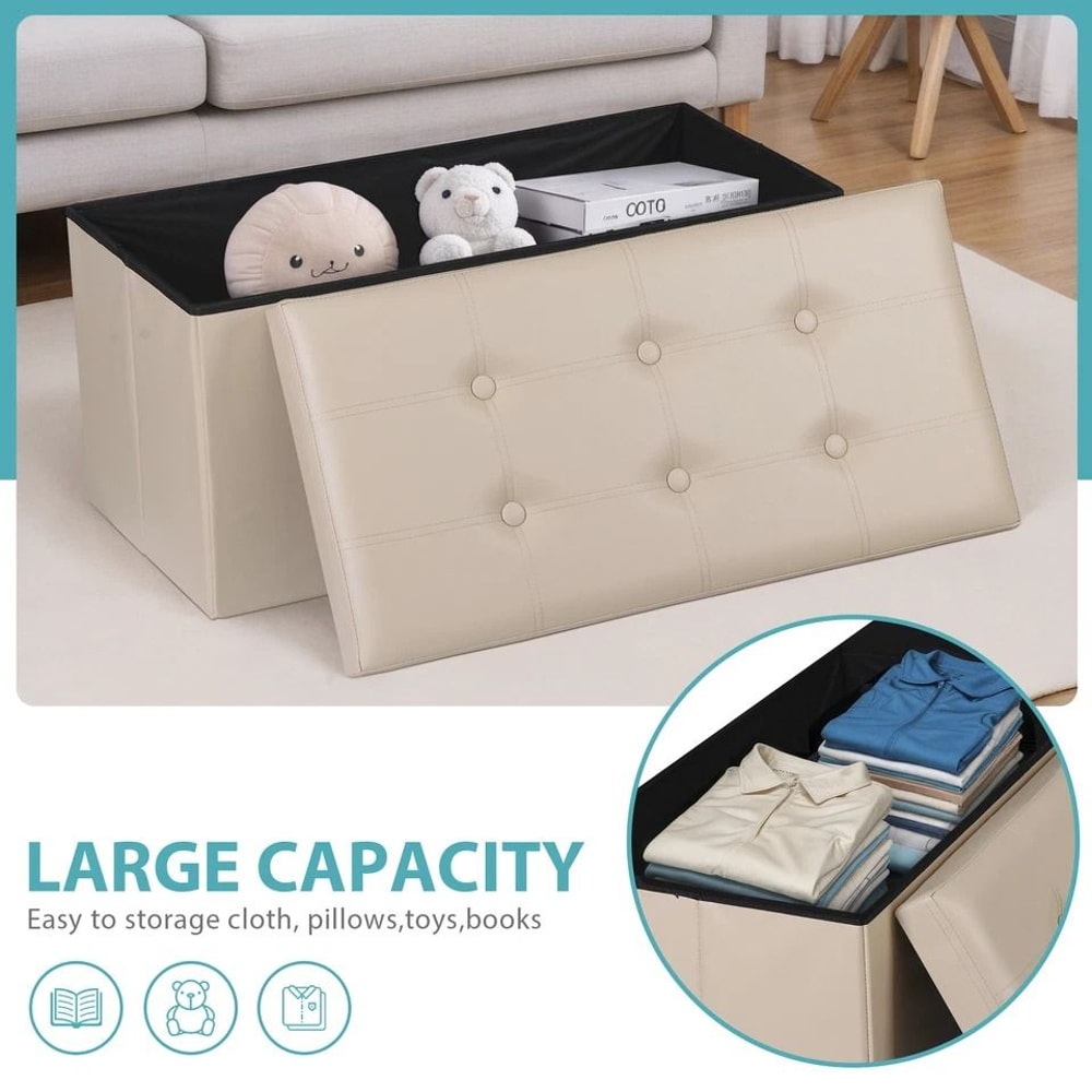 Beige Folding Storage Ottoman Leather Storage Bench For Bedroom Durable Seat Storage Solution 6