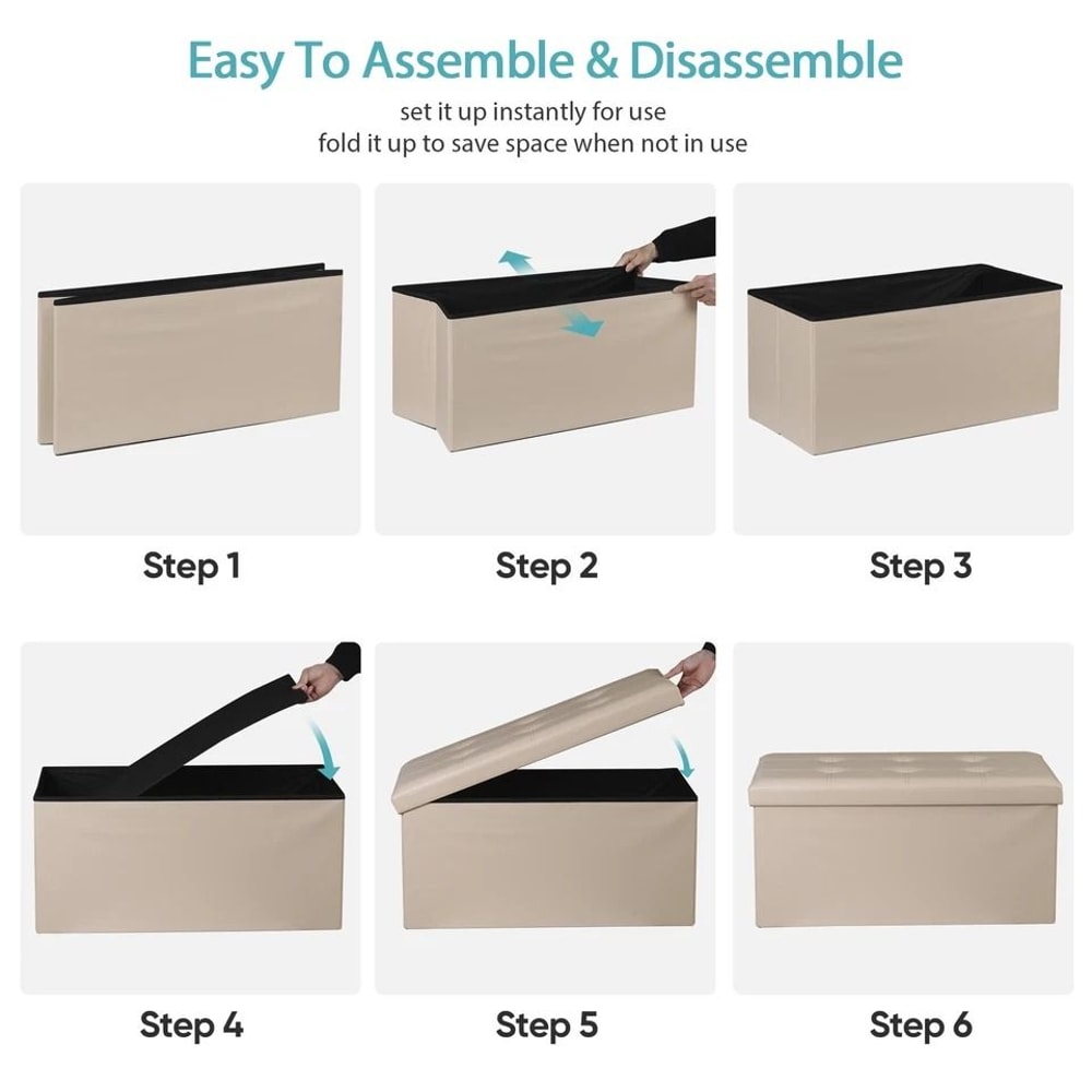 Beige Folding Storage Ottoman Leather Storage Bench For Bedroom Durable Seat Storage Solution 8