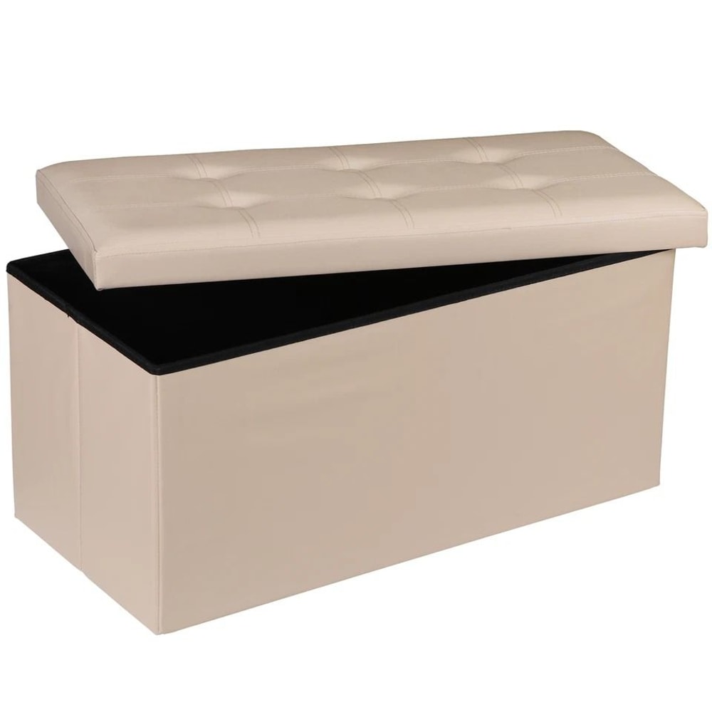Beige Folding Storage Ottoman Leather Storage Bench For Bedroom Durable Seat Storage Solution 2