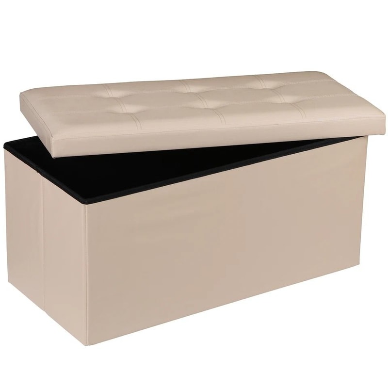 Beige Folding Storage Ottoman Leather Storage Bench For Bedroom Durable Seat Storage Solution 2