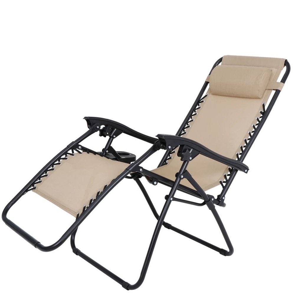 Beige Zero Gravity Lounge Chair With Cup Holders Recliner For Patio Pool Adjustable Foldable Outdoo 9