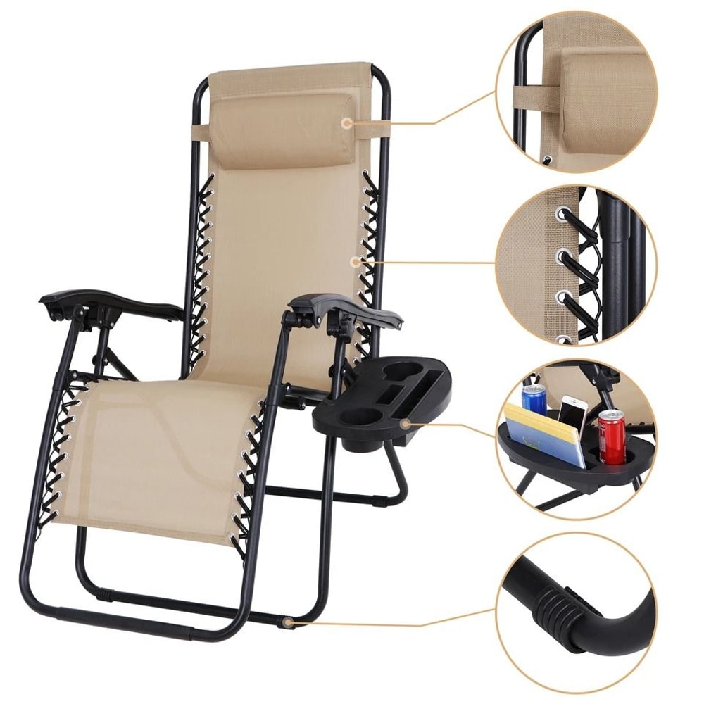 Beige Zero Gravity Lounge Chair With Cup Holders Recliner For Patio Pool Adjustable Foldable Outdoo 10