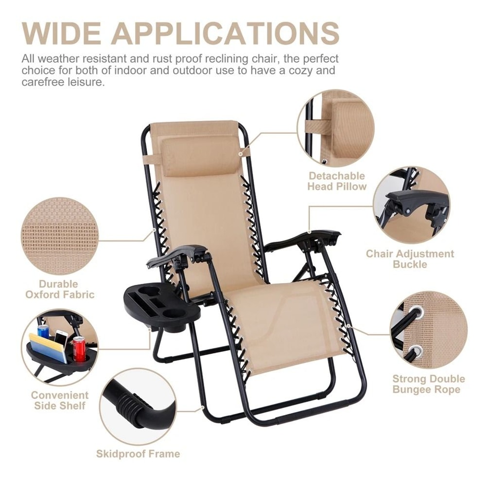 Beige Zero Gravity Lounge Chair With Cup Holders Recliner For Patio Pool Adjustable Foldable Outdoo 2