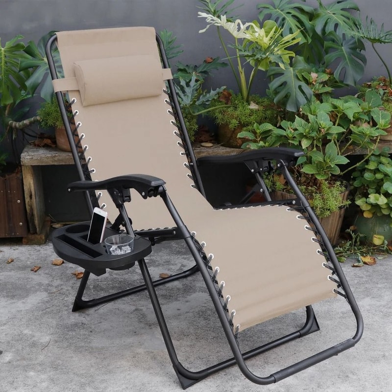 Beige Zero Gravity Lounge Chair With Cup Holders Recliner For Patio Pool Adjustable Foldable Outdoo 5