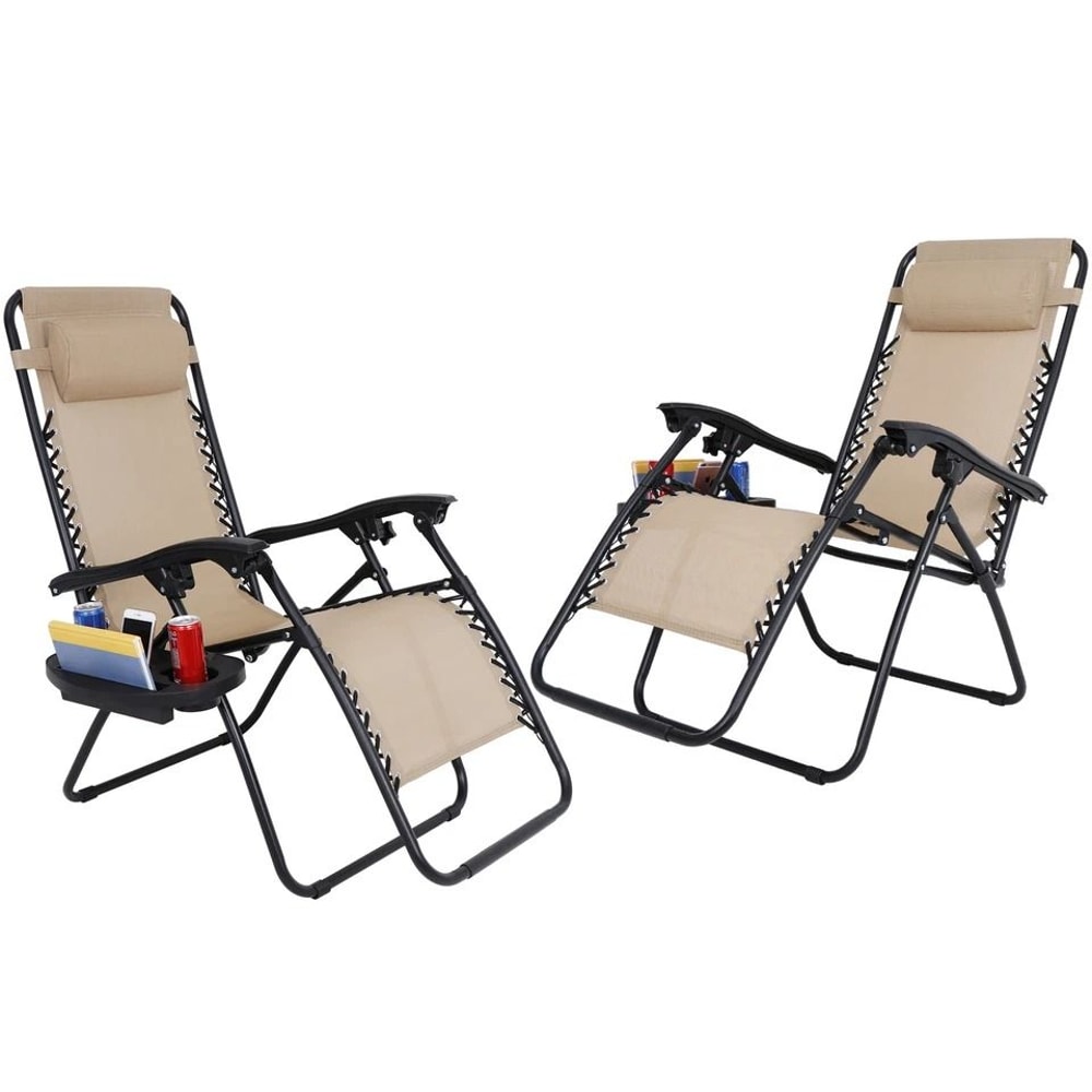 Beige Zero Gravity Lounge Chair With Cup Holders Recliner For Patio Pool Adjustable Foldable Outdoo 8
