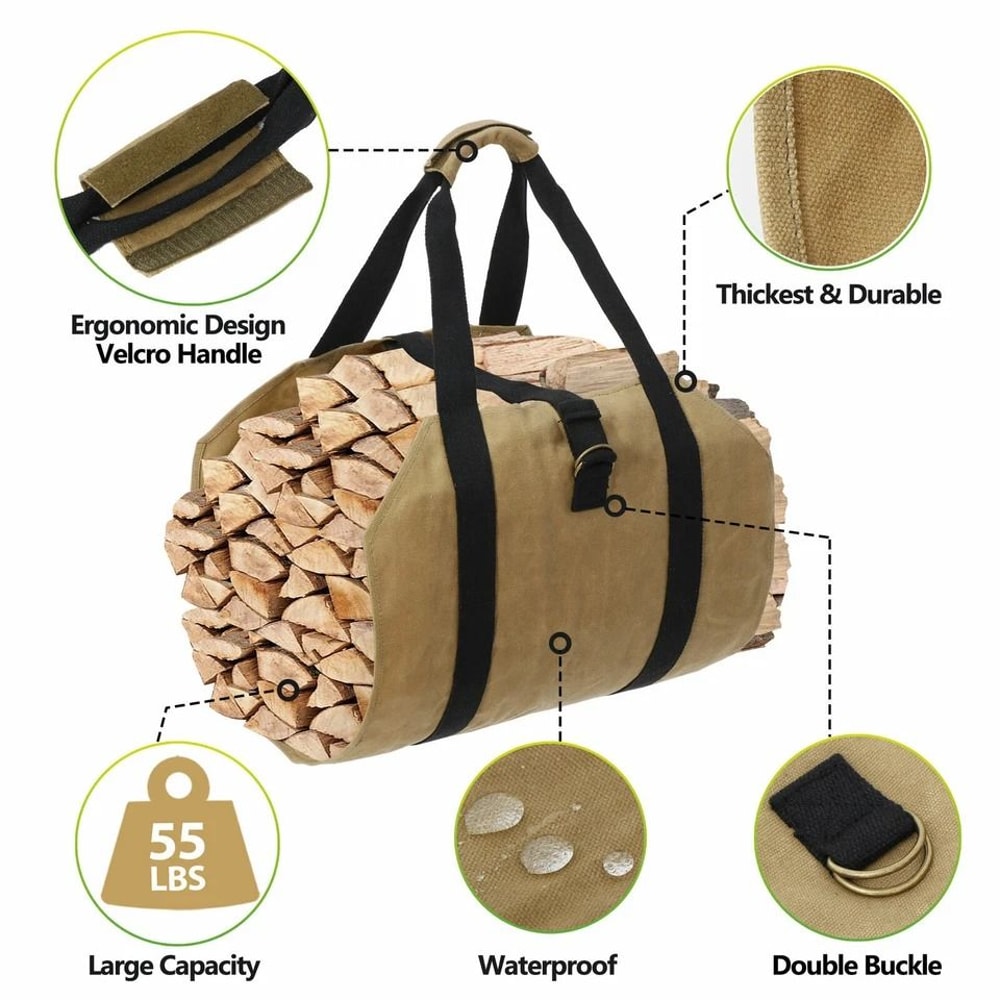 Durable Canvas Firewood Log Carrier Bag Waxed Canvas Log Tote Waterproof Log Carrier With Straps 5