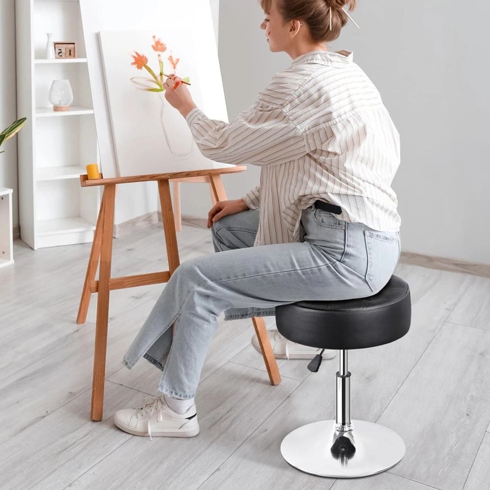 Black Vanity Stool Adjustable Swivel Ottoman Stool Round For Bedroom Makeup Chair Hydraulic Lift 19