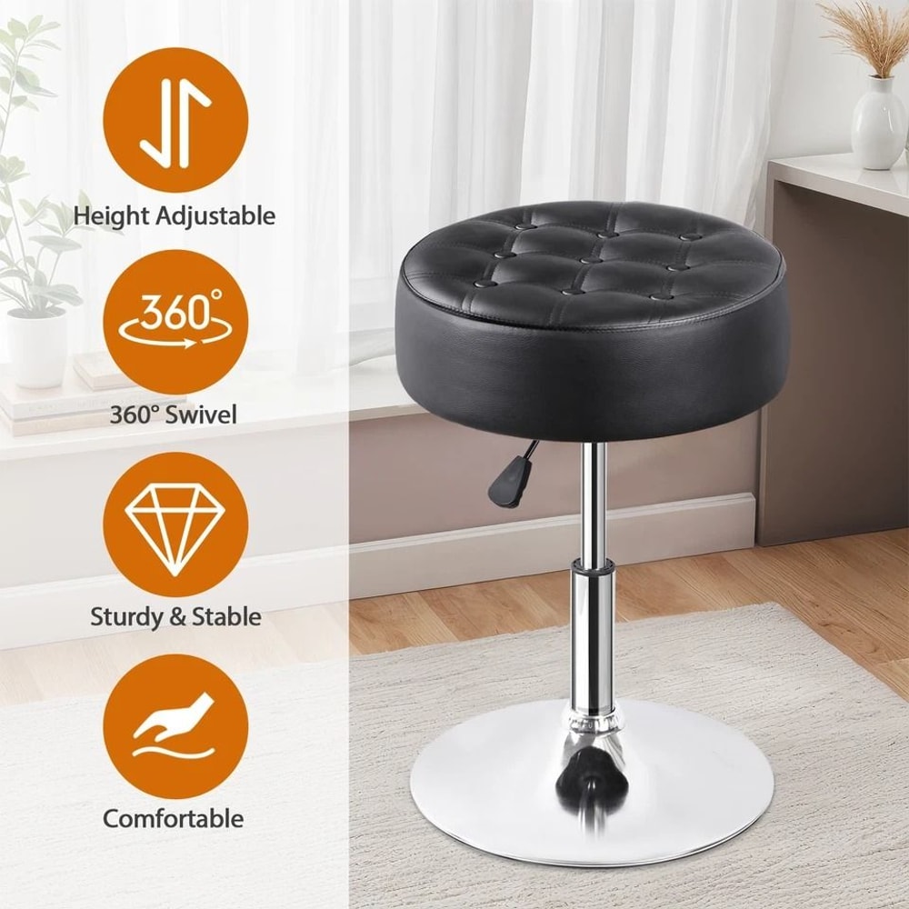 Black Vanity Stool Adjustable Swivel Ottoman Stool Round For Bedroom Makeup Chair Hydraulic Lift 15