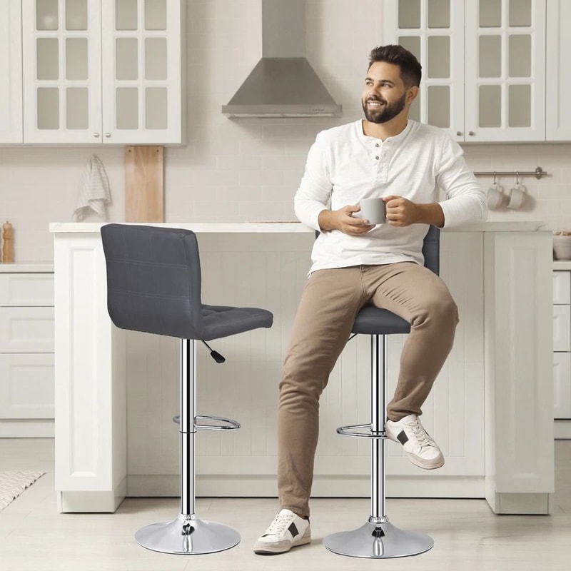 Stylish Gray PU Leather Bar Stools Adjustable Height Swivel And Backrest For Counter Use Perfect Fo 2