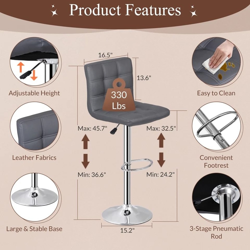 Stylish Gray PU Leather Bar Stools Adjustable Height Swivel And Backrest For Counter Use Perfect Fo 6