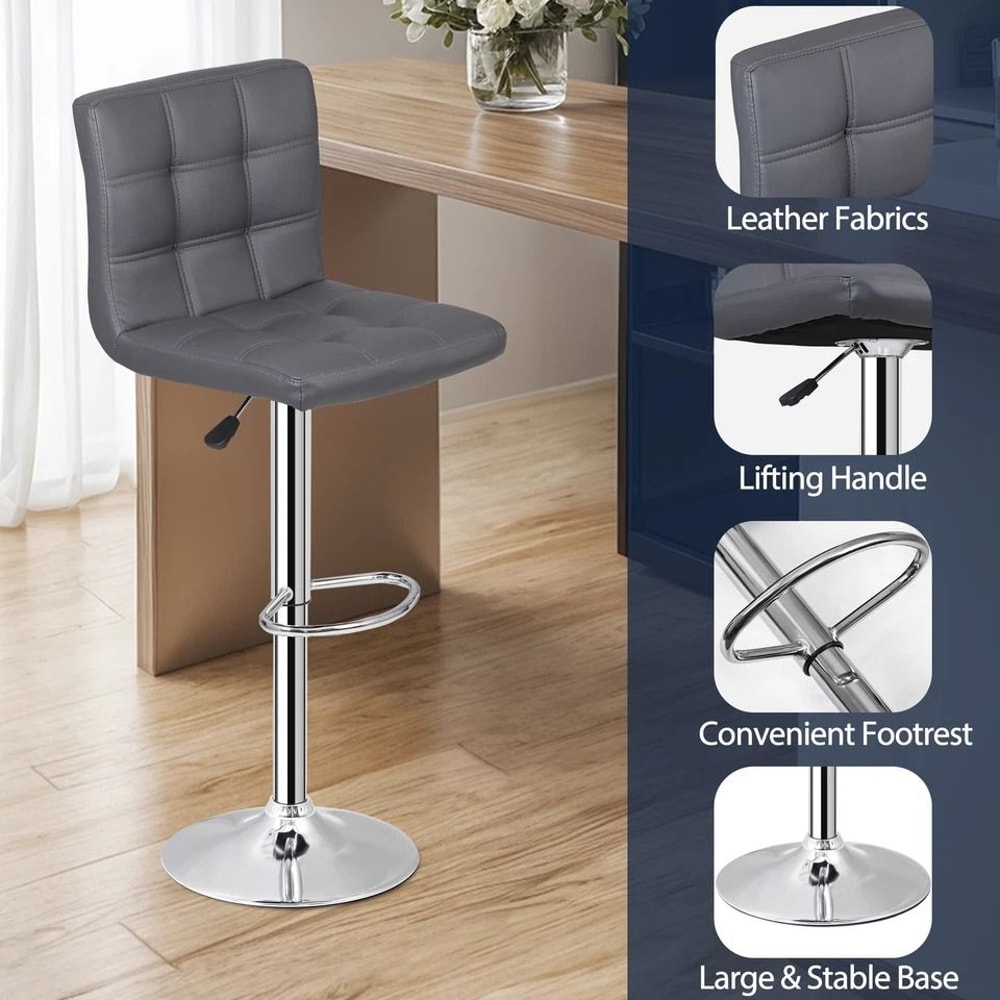 Stylish Gray PU Leather Bar Stools Adjustable Height Swivel And Backrest For Counter Use Perfect Fo 7