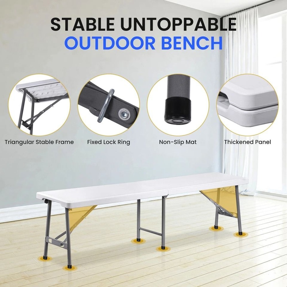 Portable Outdoor Bench White Plastic Folding Bench With NonSlip Mat Handle Waterproof HeavyDuty 3
