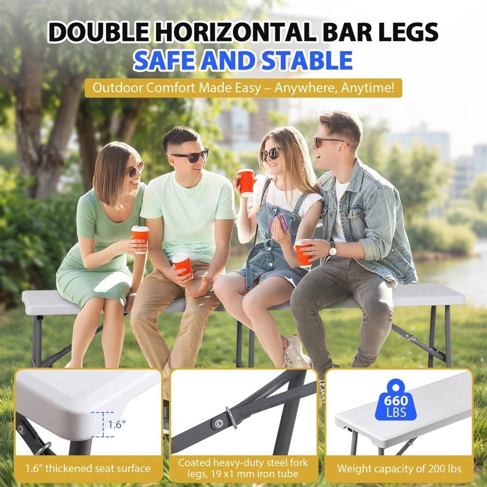 Portable Outdoor Bench White Plastic Folding Bench With NonSlip Mat Handle Waterproof HeavyDuty 4