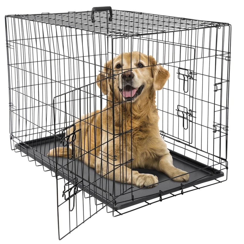 Folding Metal Dog Crate For Large Dogs Wire Dog Kennels Black Heavy Duty LeakProof Pan 2