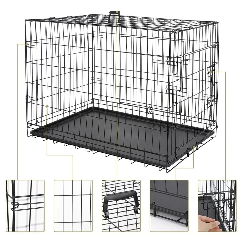 Folding Metal Dog Crate For Large Dogs Wire Dog Kennels Black Heavy Duty LeakProof Pan 10