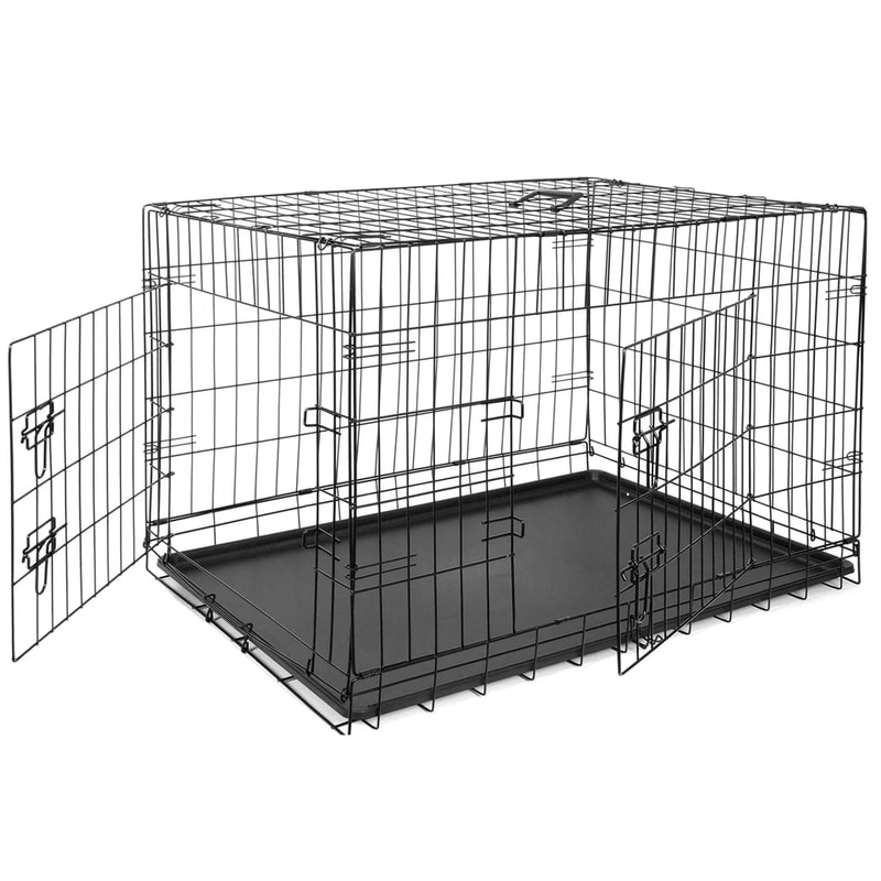 Folding Metal Dog Crate For Large Dogs Wire Dog Kennels Black Heavy Duty LeakProof Pan 11