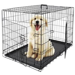 folding metal dog crate for large dogs, wire dog kennels, black, heavy duty, leak-proof pan