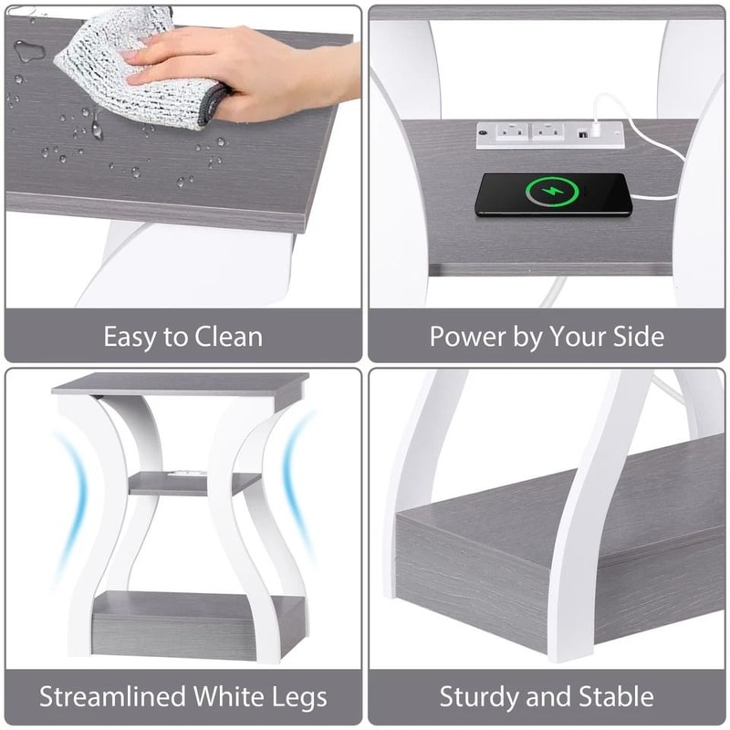 End Table With USB Ports Side Table With Outlets Gray Tier Storage Charging Station For Bedroom 1
