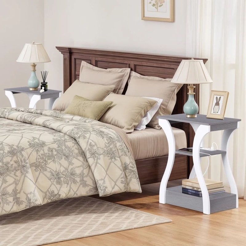 End Table With USB Ports Side Table With Outlets Gray Tier Storage Charging Station For Bedroom 3