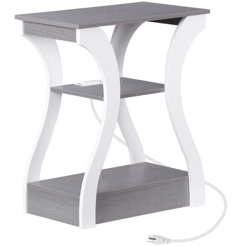 End Table With USB Ports Side Table With Outlets Gray Tier Storage Charging Station For Bedroom 0