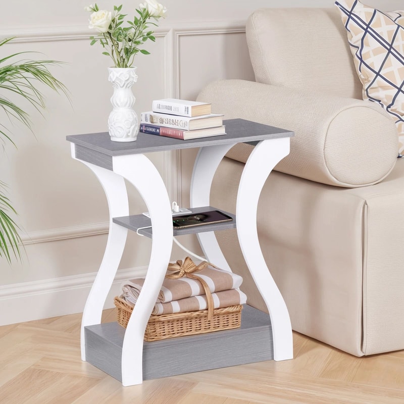 End Table With USB Ports Side Table With Outlets Gray Tier Storage Charging Station For Bedroom 8