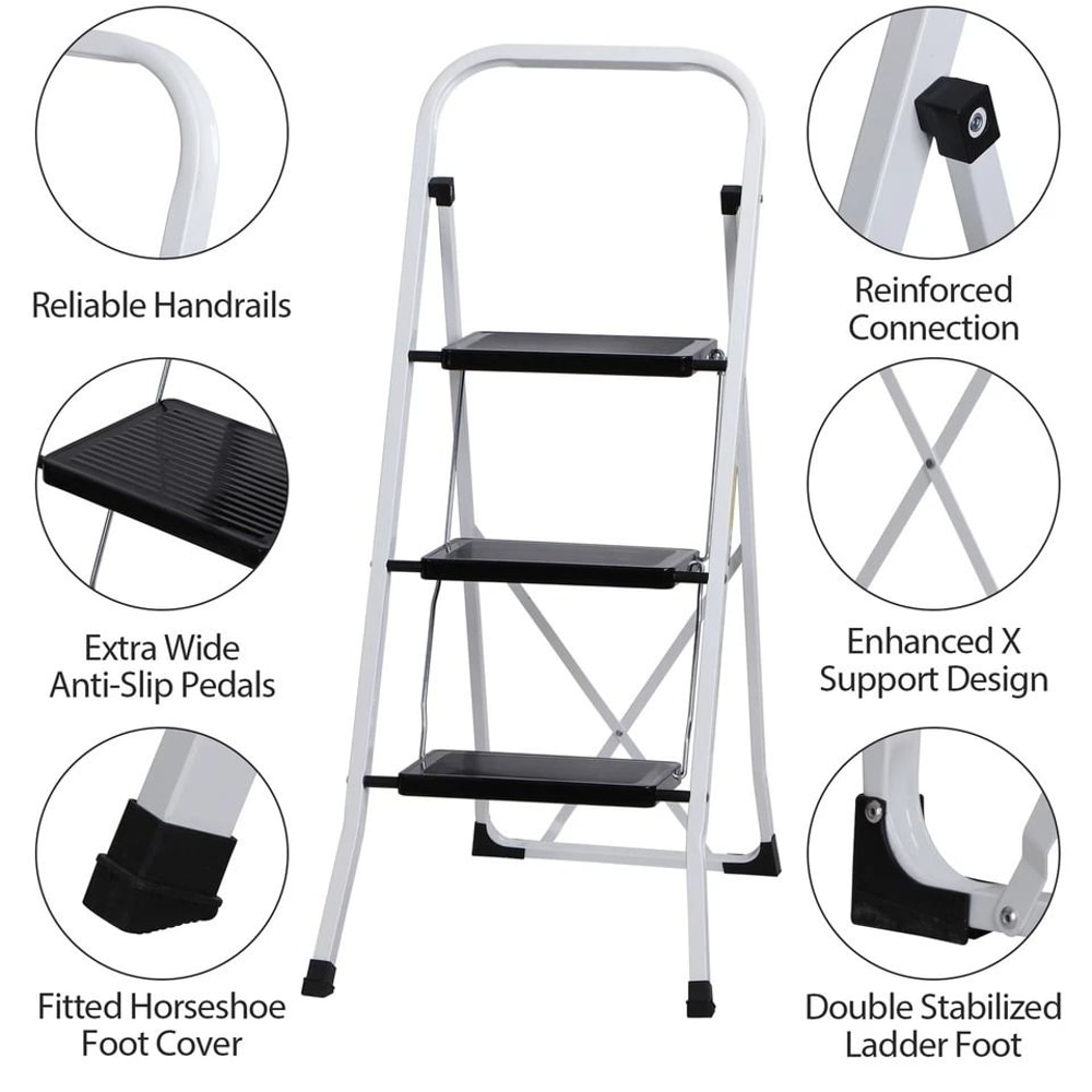 Ladder Safety Non Slip Mat Tread Foldable Kitchen Steel Step Stool White Heavy Duty Platform 2