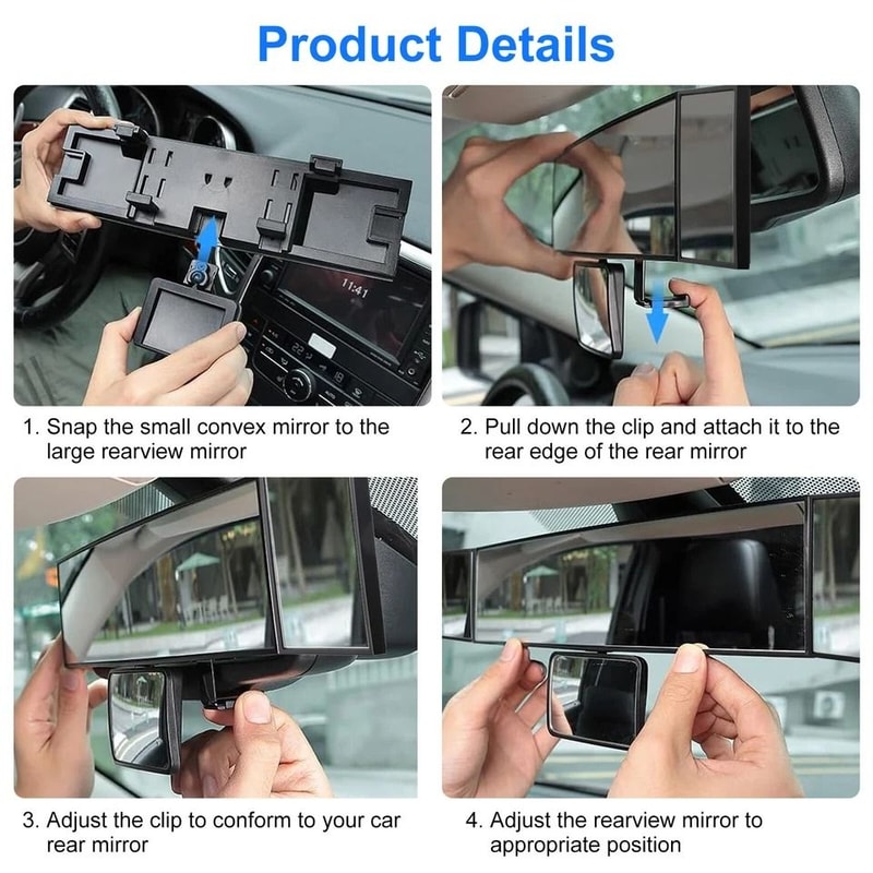 Wide Angle Rearview Mirror With Baby Mirror Convex ClipOn For Car SUV Truck Reduces Glare No Tools 4