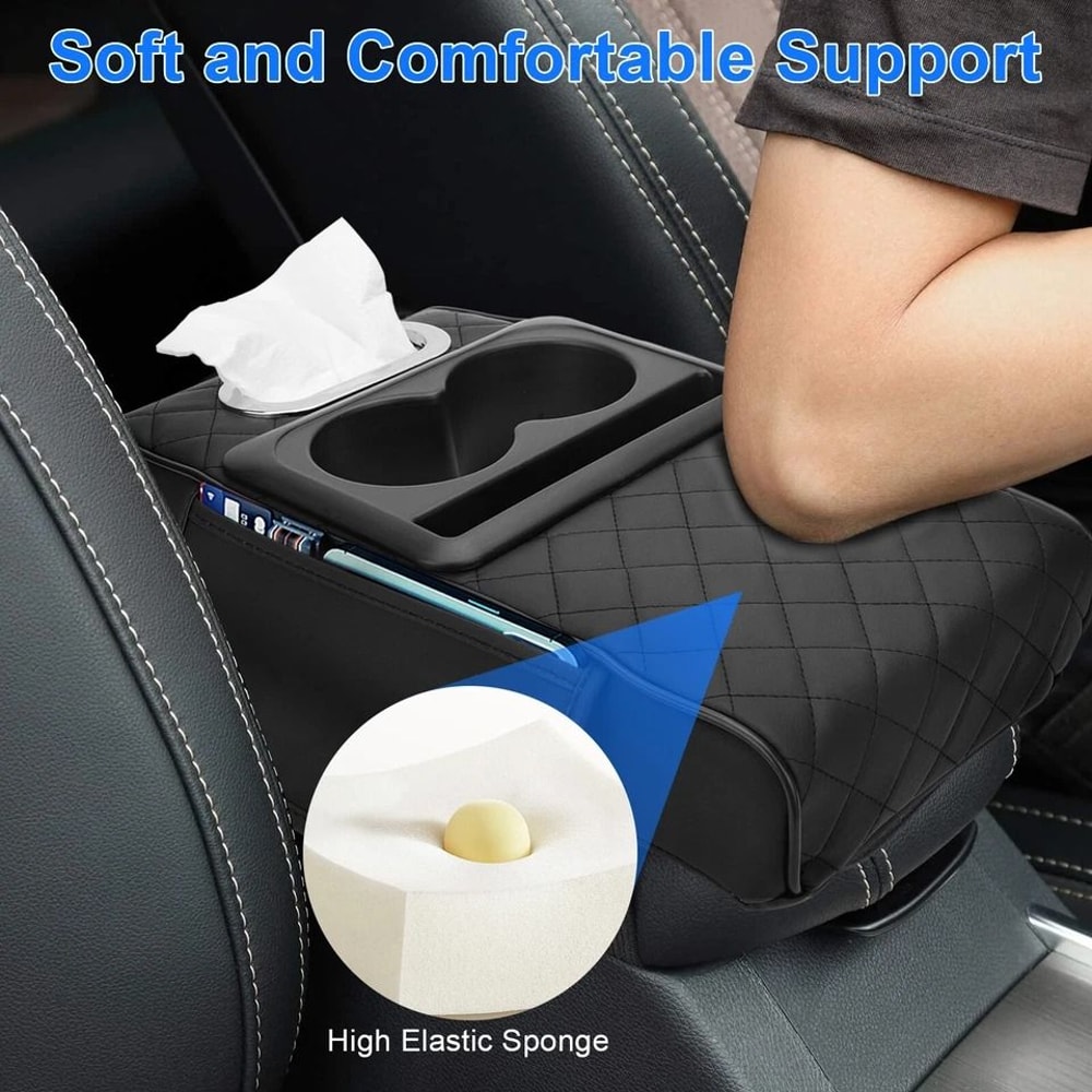 Black Car Armrest Pad Cover With Cup Holder Tissue Box Phone Slot Memory Foam 3