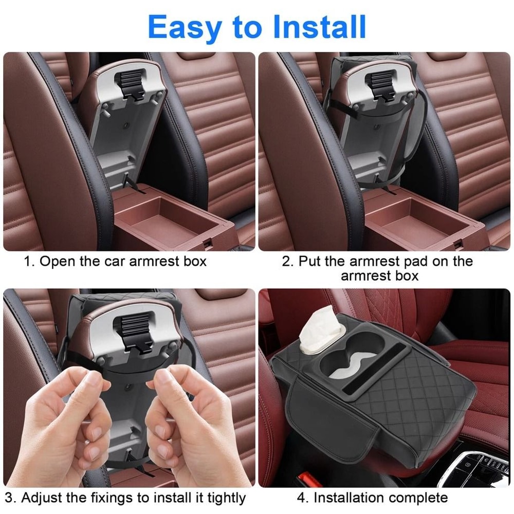 Black Car Armrest Pad Cover With Cup Holder Tissue Box Phone Slot Memory Foam 6