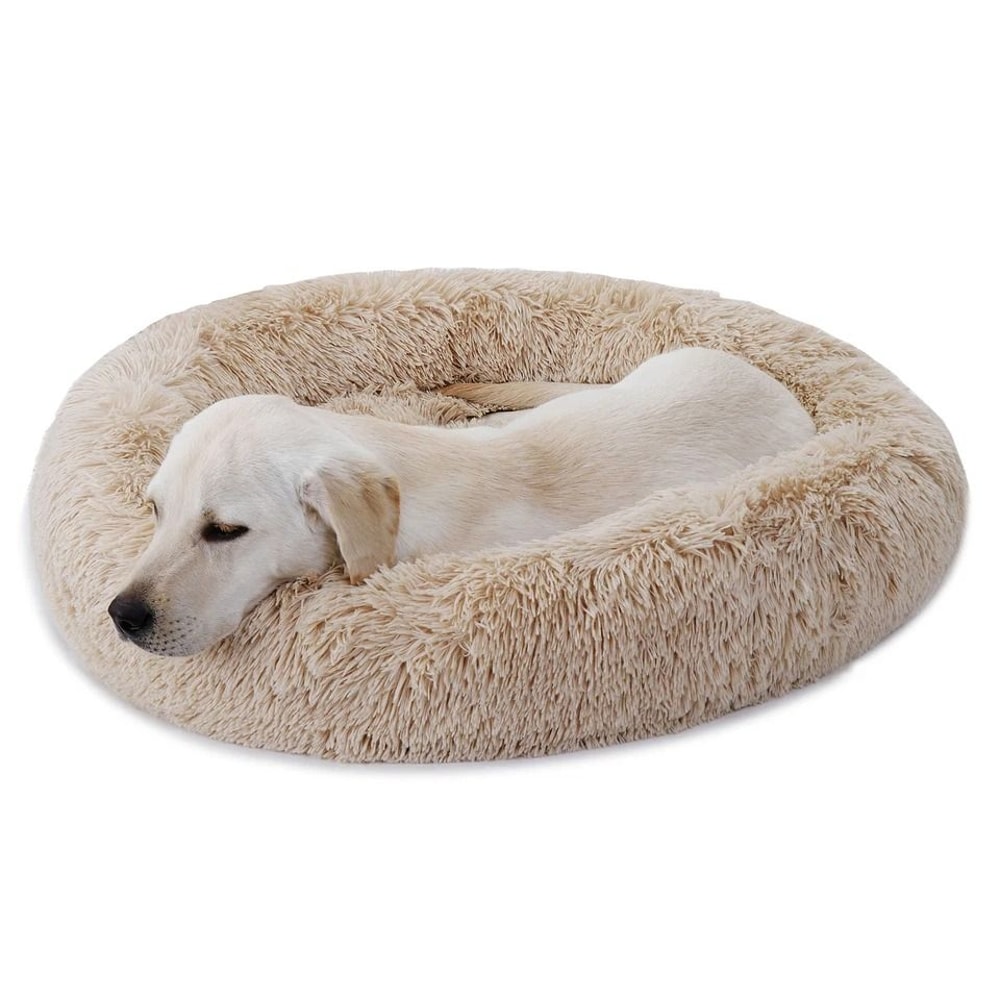 Relaxing Flexible Diameter Dog Bed Cozy Fluffy Warming Pet Bed Soft Faux Fur For Head And Neck Supp 3