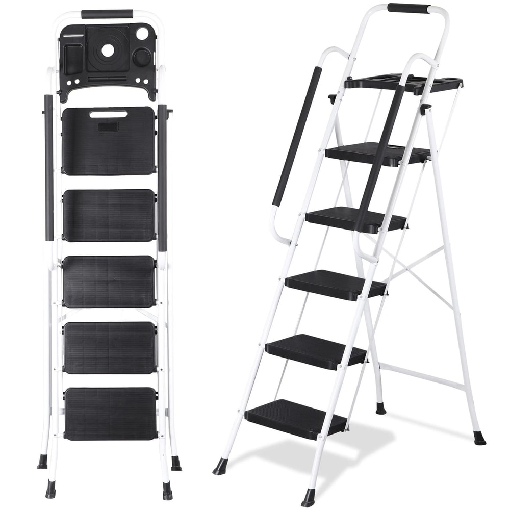 Heavy Duty Step Stool With Tool Tray NonSlip Pedal Handrail Compact Folding Ladder For Household 0