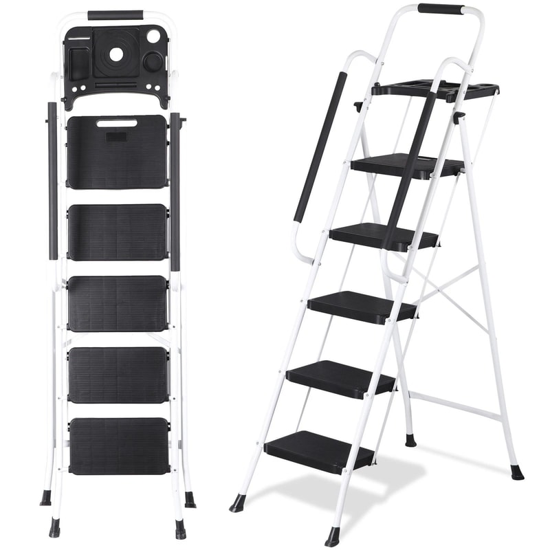 Heavy Duty Step Stool With Tool Tray NonSlip Pedal Handrail Compact Folding Ladder For Household 0