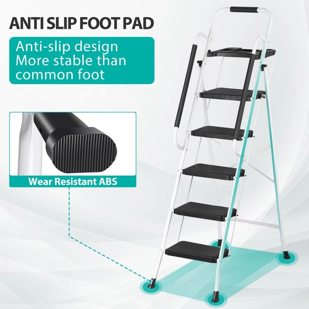 Heavy Duty Step Stool With Tool Tray NonSlip Pedal Handrail Compact Folding Ladder For Household 3