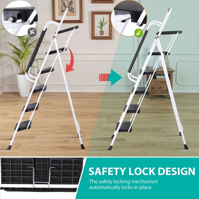 Heavy Duty Step Stool With Tool Tray NonSlip Pedal Handrail Compact Folding Ladder For Household 6