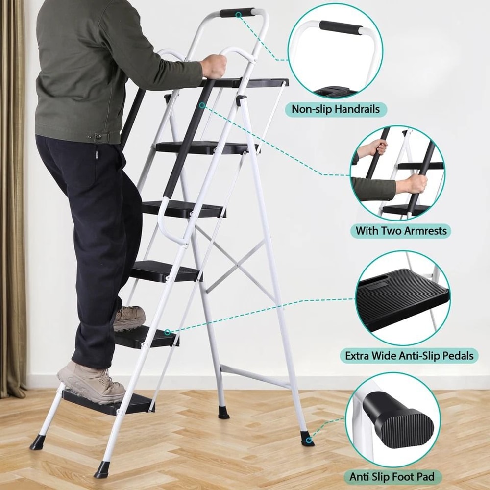 Heavy Duty Step Stool With Tool Tray NonSlip Pedal Handrail Compact Folding Ladder For Household 7